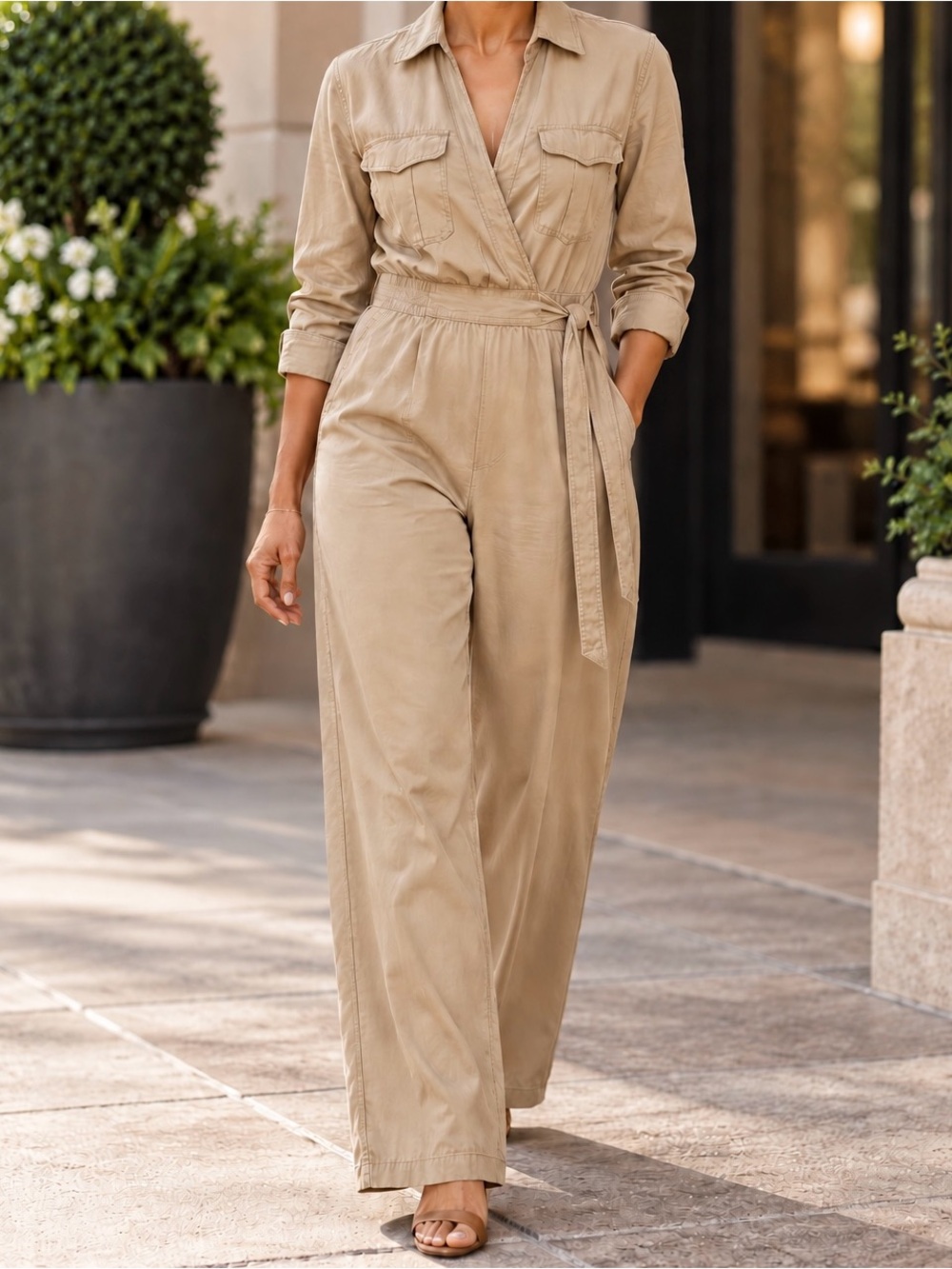 Banana Republic Khaki Twill Wrap Utility Jumpsuit - Size 2 Preppy Chic